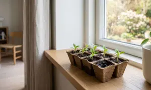 Små plantor av spenat växer i krukor på en fönsterbräda, redo att odla spenat inomhus.