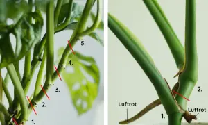 Steg för steg hur du tar en stickling av Monstera. Markeringar visar var du ska klippa för att få en fin stickling.