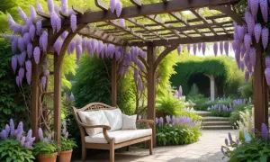 En vacker blåregn pergola med en träbänk under, omgiven av lila blommor och grönska.