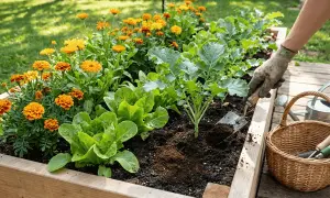 En hand med handske arbetar i en upphöjd bädd med sallat och blommor. Kaffesump används som gödsel för att ge näring.