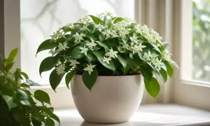 En porslinsblomma med många små vita stjärnblommor och gröna blad. Inga skrumpna blad syns, bara en frisk och blomstrande planta.