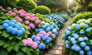En solig trädgårdsgång kantad av frodiga hortensia sorter i rosa, blått och vitt.