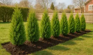 Nyplanterade thuja i en rad, redo att växa sig stora och gröna.