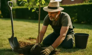 Man i stråhatt planterar träd i kalkrik jord. Spaden ligger bredvid.