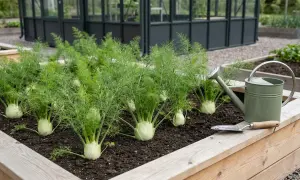 Fänkål i pallkrage, redo för skörd. En grön vattenkanna och spade ligger bredvid.