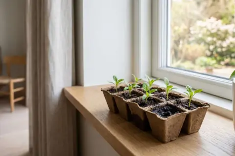 Små plantor av spenat växer i krukor på en fönsterbräda, redo att odla spenat inomhus.