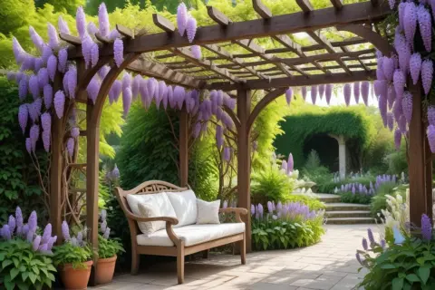 En vacker blåregn pergola med en träbänk under, omgiven av lila blommor och grönska.