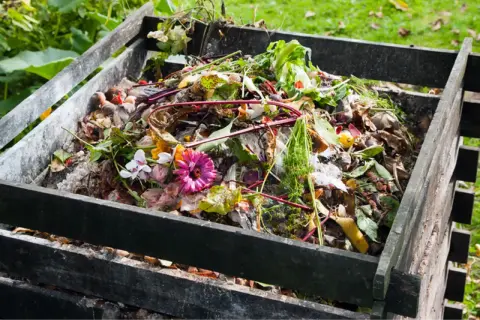 En kall kompost fylld med trädgårdsavfall, blommor och grönsaker. Snart blir det näringsrik jord för rabatten.