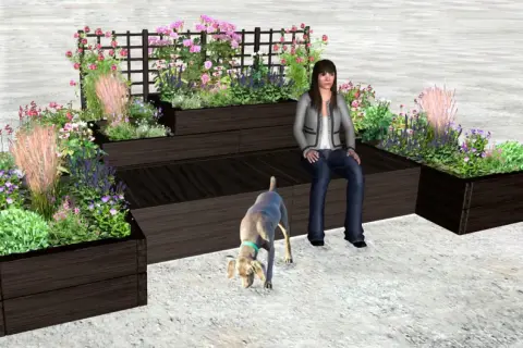 En kvinna och en hund njuter av en vacker rabatt med perenner.