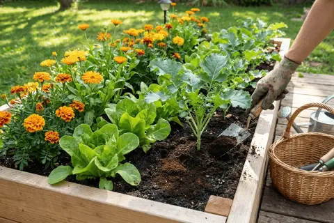 En hand med handske arbetar i en upphöjd bädd med sallat och blommor. Kaffesump används som gödsel för att ge näring.