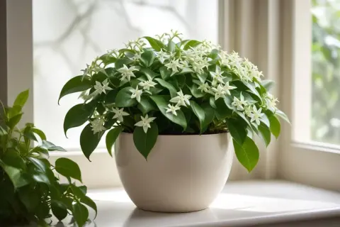 En porslinsblomma med många små vita stjärnblommor och gröna blad. Inga skrumpna blad syns, bara en frisk och blomstrande planta.