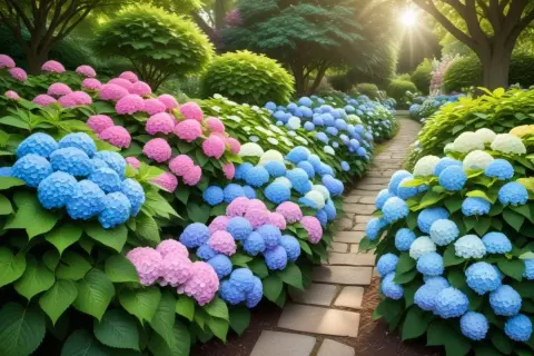 En solig trädgårdsgång kantad av frodiga hortensia sorter i rosa, blått och vitt.