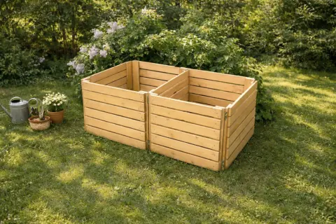 En ny kompostbehållare i trä med tre fack står på en gräsmatta. Bredvid finns en vattenkanna och krukor med blommor.