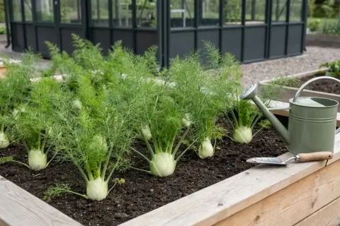 Fänkål i pallkrage, redo för skörd. En grön vattenkanna och spade ligger bredvid.