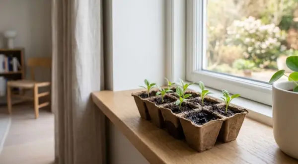 Små plantor av spenat växer i krukor på en fönsterbräda, redo att odla spenat inomhus.