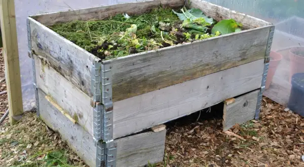 En kompost pallkrage fylld med grönt avfall och jord. Den är placerad utomhus på ett underlag av träflis.