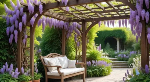 En vacker blåregn pergola med en träbänk under, omgiven av lila blommor och grönska.