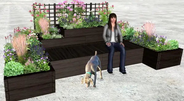 En kvinna och en hund njuter av en vacker rabatt med perenner.