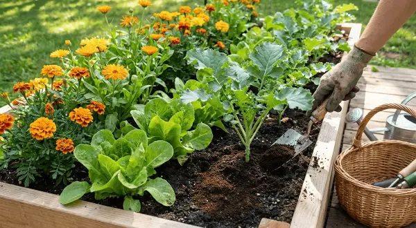 En hand med handske arbetar i en upphöjd bädd med sallat och blommor. Kaffesump används som gödsel för att ge näring.