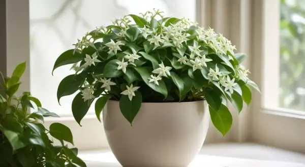 En porslinsblomma med många små vita stjärnblommor och gröna blad. Inga skrumpna blad syns, bara en frisk och blomstrande planta.
