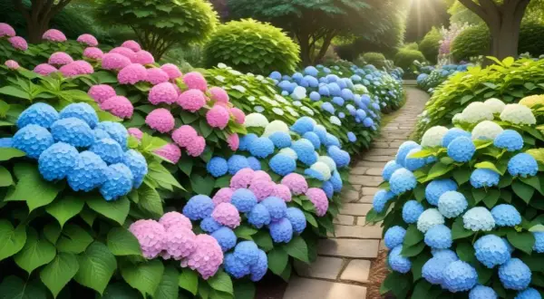 En solig trädgårdsgång kantad av frodiga hortensia sorter i rosa, blått och vitt.