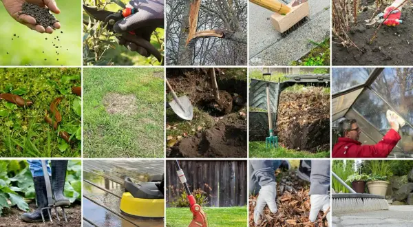 Trädgårdsskötsel: gödsling med blå korn, beskärning, rensning, plantering, kompostering och rengöring.