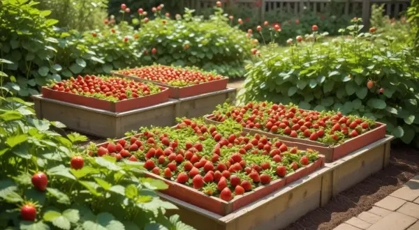 Upphöjda bäddar fyllda med mogna jordgubbar ger jordgubbsland inspiration. Gröna blad och röda bär i en solig trädgård.