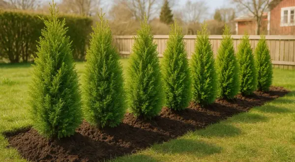 Nyplanterade thuja i en rad, redo att växa sig stora och gröna.