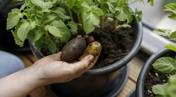 Hand håller nyupptagna potatisar från kruka. Det är spännande att odla potatis på balkongen.