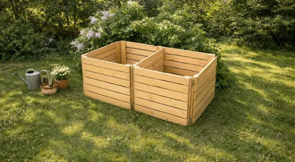 En ny kompostbehållare i trä med tre fack står på en gräsmatta. Bredvid finns en vattenkanna och krukor med blommor.