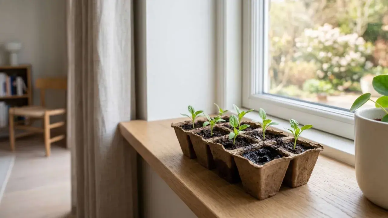 Små plantor av spenat växer i krukor på en fönsterbräda, redo att odla spenat inomhus.