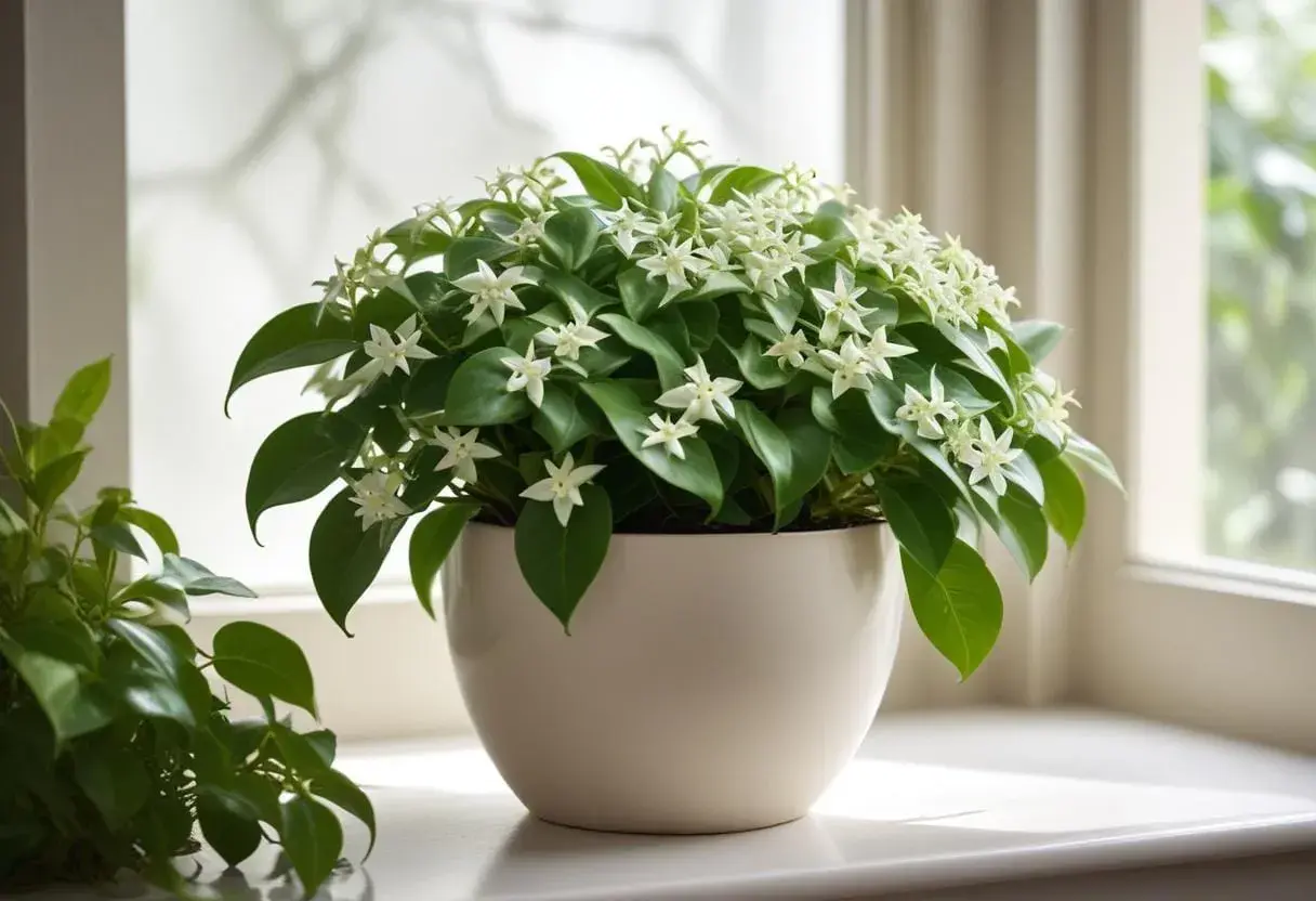 En porslinsblomma med många små vita stjärnblommor och gröna blad. Inga skrumpna blad syns, bara en frisk och blomstrande planta.