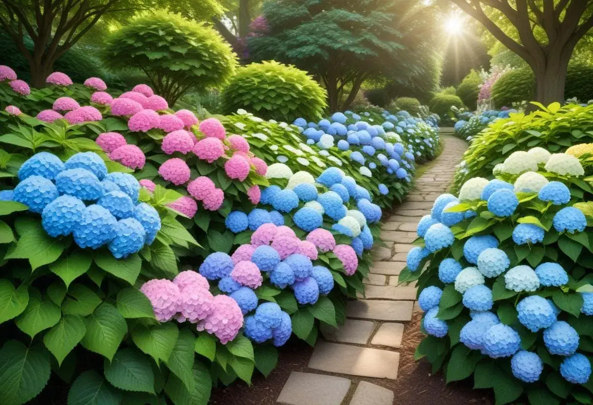 En solig trädgårdsgång kantad av frodiga hortensia sorter i rosa, blått och vitt.