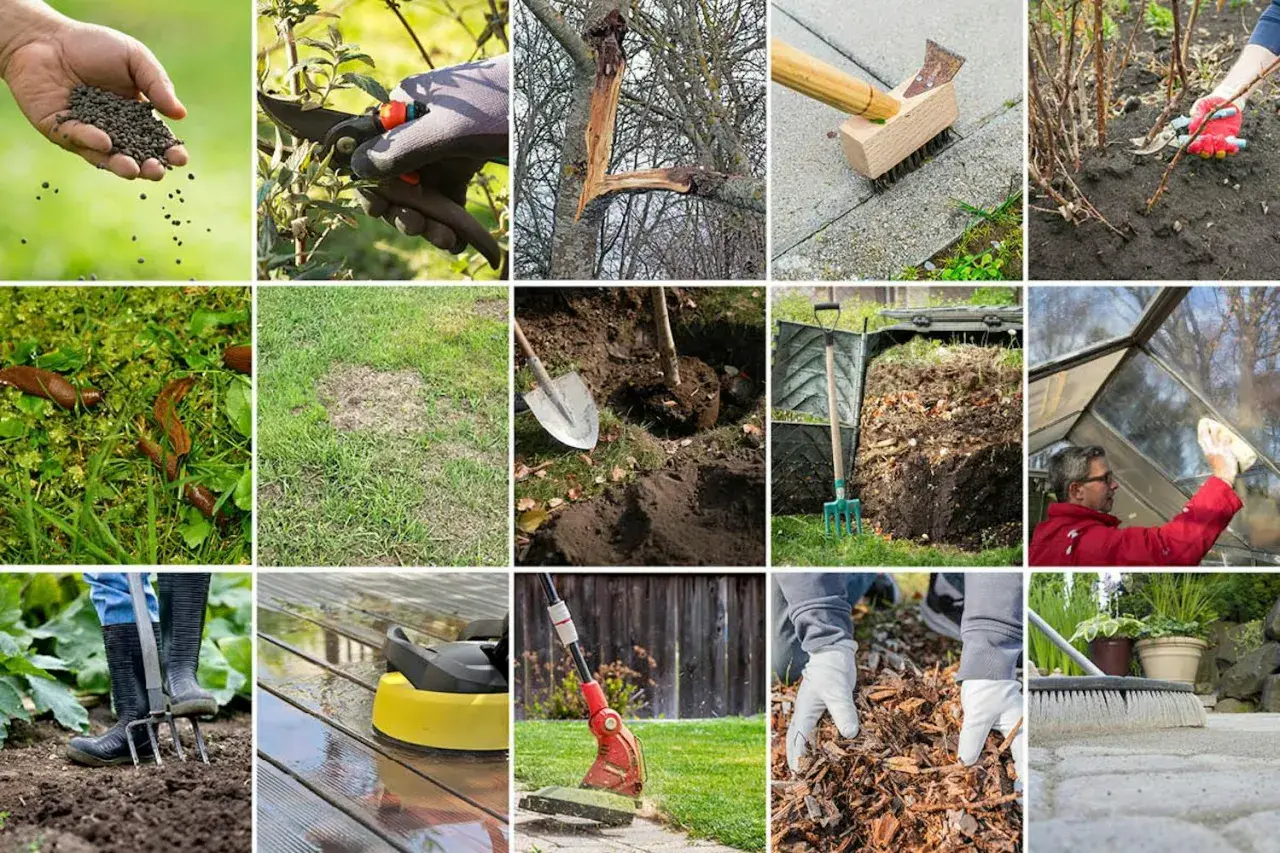 Trädgårdsskötsel: gödsling med blå korn, beskärning, rensning, plantering, kompostering och rengöring.