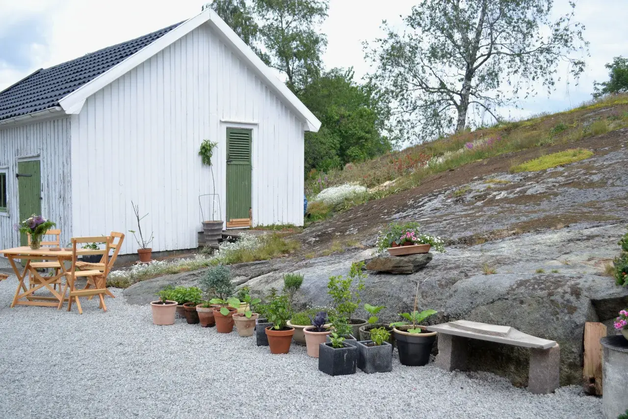 En vit stuga med gröna detaljer och en grusad uteplats med trädgårdsmöbler och krukor. En stenig sluttning med vildblommor syns i bakgrunden.