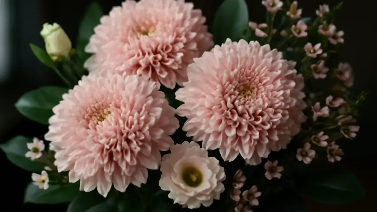 En bukett med rosa snittblommor, inklusive fluffiga krysantemum och små rosa blommor, som visar olika snittblommor sorter.