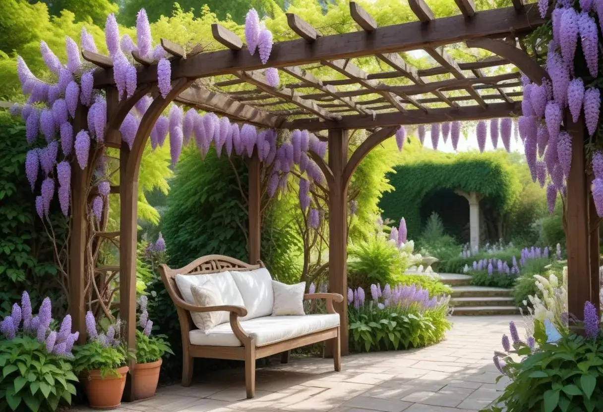 En tr&auml;pergola t&auml;ckt av h&auml;ngande lila bl&aring;regn. En b&auml;nk med vita kuddar st&aring;r under, omgiven av frodig gr&ouml;nska och blommor.