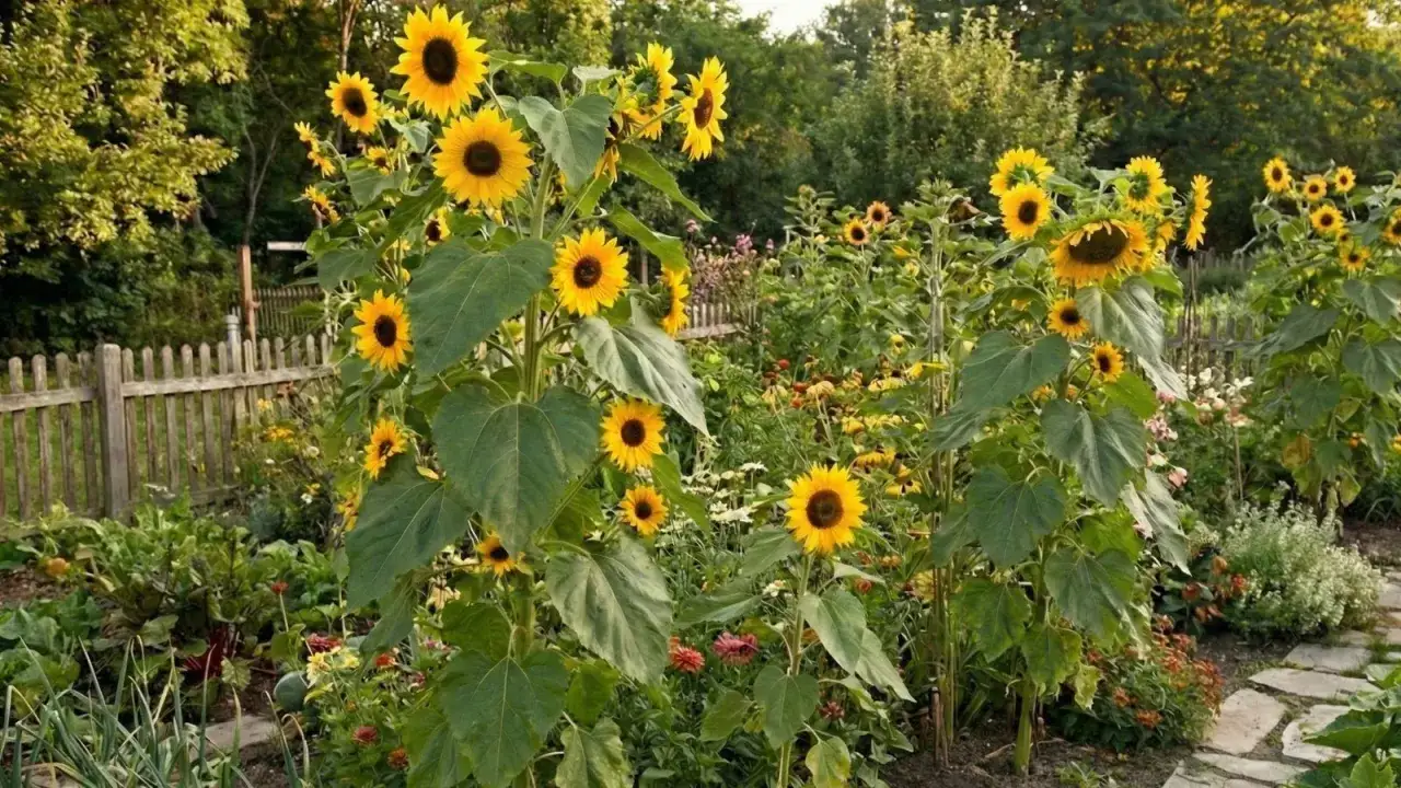 En solros&auml;ng i full blom, perfekt f&ouml;r att plantera ut solrosor. En rustik tr&auml;staket ramar in tr&auml;dg&aring;rden.