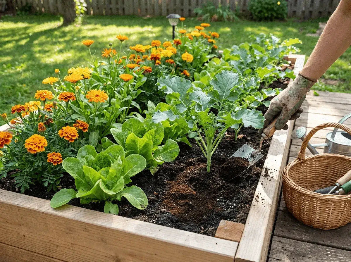En upph&ouml;jd b&auml;dd med sallat, k&aring;l och orange blommor. En hand med handske planterar med en spade, d&auml;r kaffesump rabarber ger n&auml;ring.