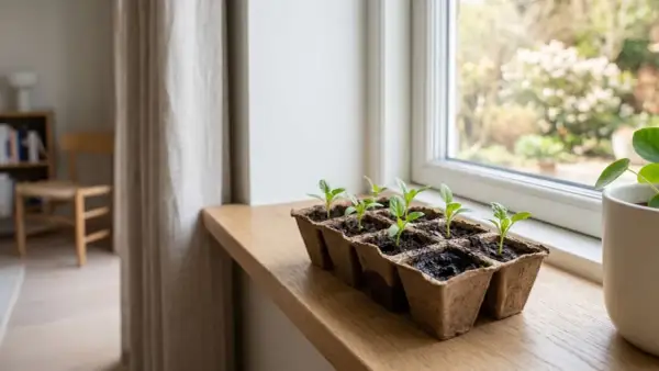 Små plantor av spenat växer i krukor på en fönsterbräda, redo att odla spenat inomhus.