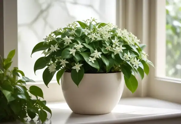 En porslinsblomma med många små vita stjärnblommor och gröna blad. Inga skrumpna blad syns, bara en frisk och blomstrande planta.