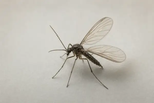 En närbild av en sorgmygga med sina genomskinliga vingar. Ett steg för att bli av med sorgmyggor är att identifiera dem.