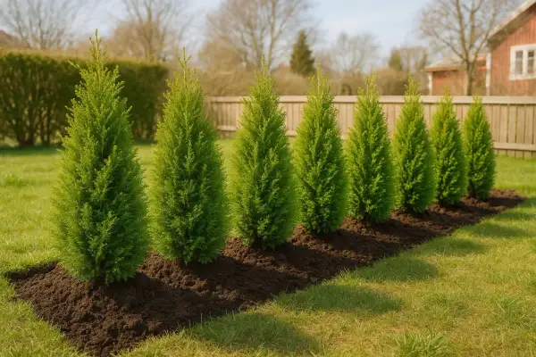 Nyplanterade thuja i en rad, redo att växa sig stora och gröna.