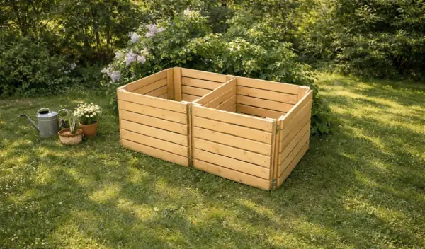 En ny kompostbehållare i trä med tre fack står på en gräsmatta. Bredvid finns en vattenkanna och krukor med blommor.